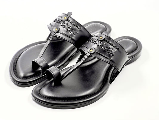 LFL JET BLACK LEATHER  KOLHAPURI CHAPPALS/SLIPPER  LFL-KL-016