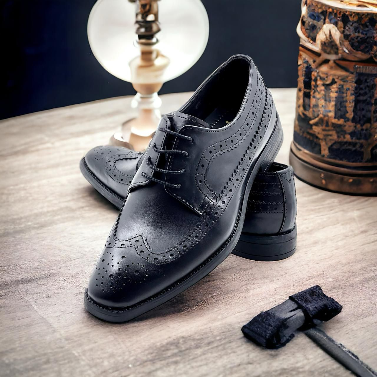 Men s Black Leather Lace Up Brogue Derby Shoes LFL Stores