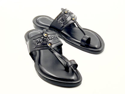 LFL JET BLACK LEATHER  KOLHAPURI CHAPPALS/SLIPPER  LFL-KL-016