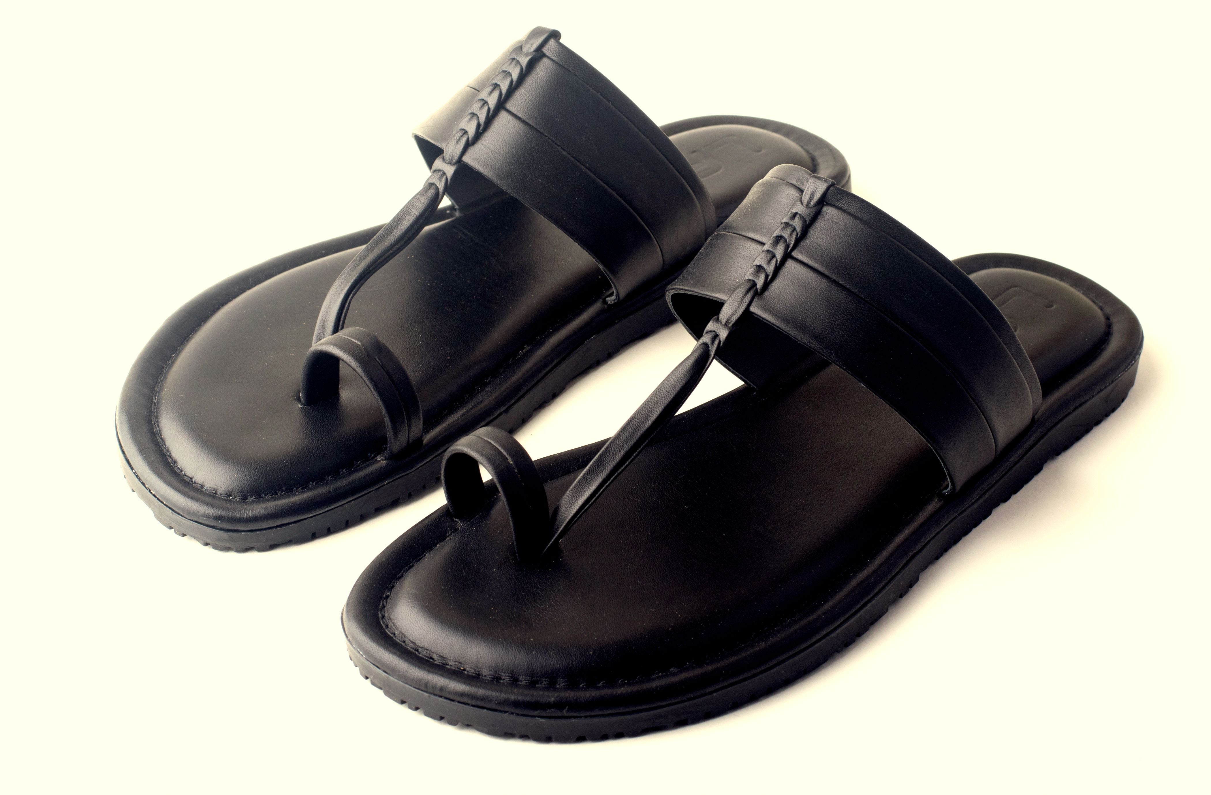 Fashion :: Men :: Men's Footwear :: Kolhapuri Chappal in Genuine Leather  with Black Pointed Shape Base and Traditional Yellow Upper. Handmade in  Kolhapur for men's